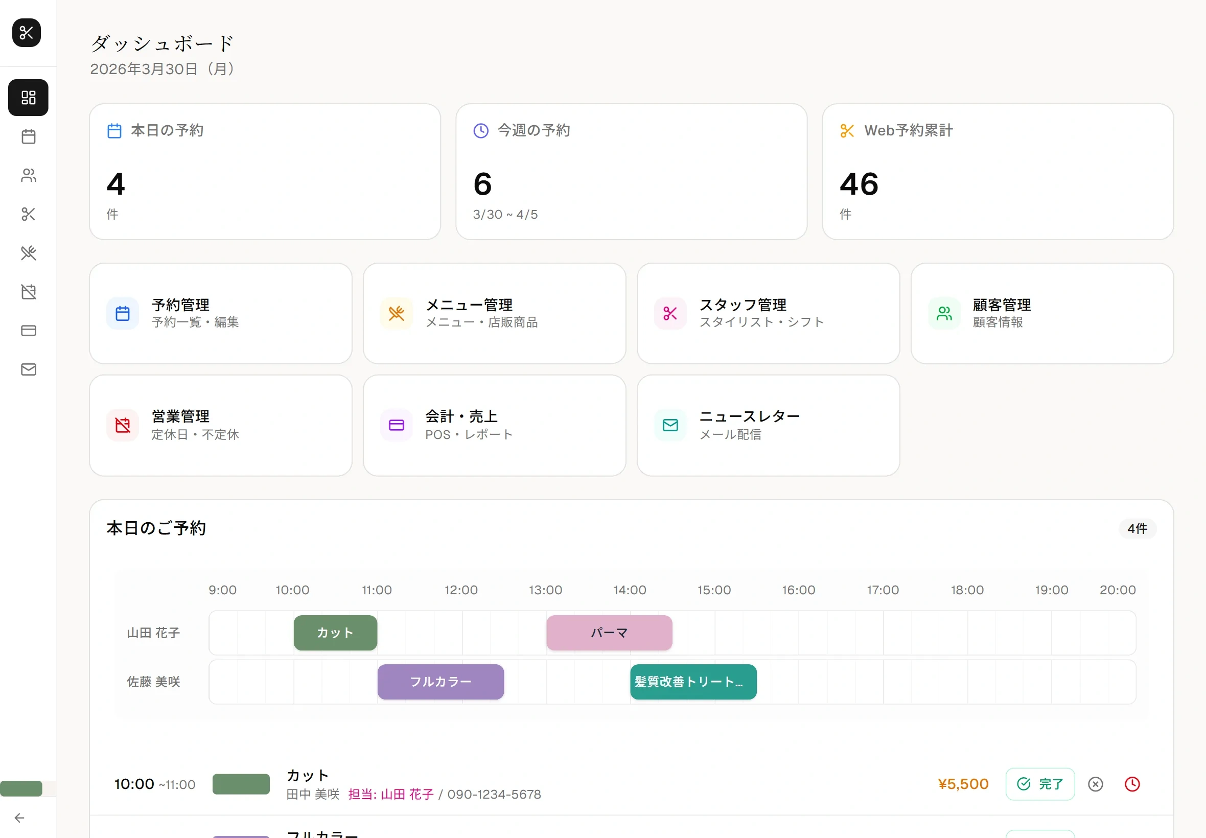 管理ダッシュボード - 予約数・タイムライン